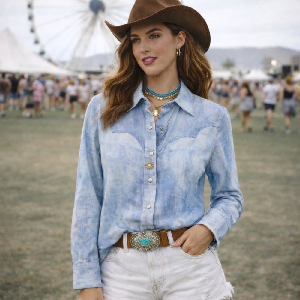 Petersyn - Tie-Dye Watercolor Linen Western Snap Shirt - Blue
